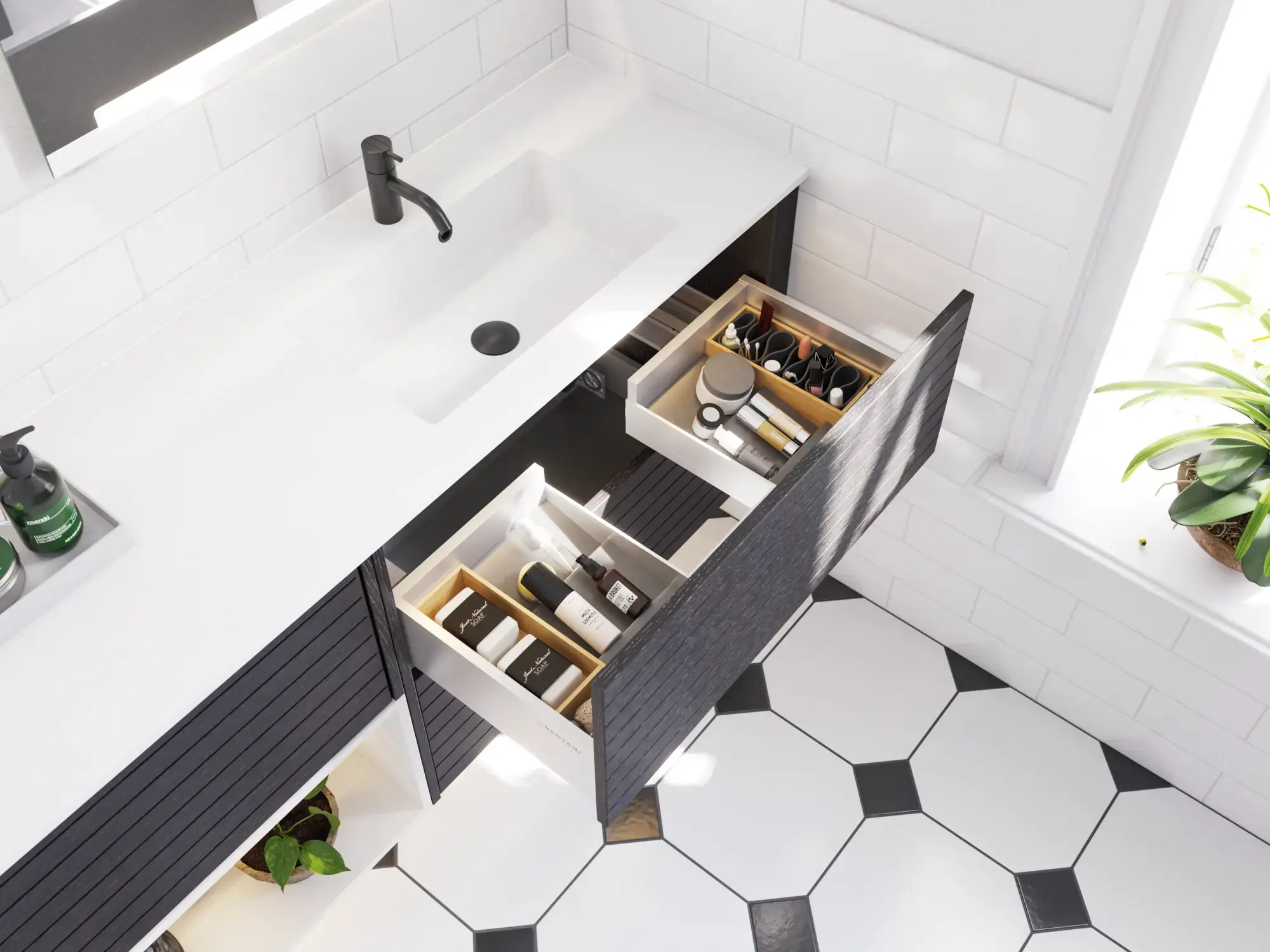 Grote badkamerinspiratie met badkamermeubels van zwart eikenhout met elegante groeven, stijlvolle dubbele wastafel, vierkante spiegels, witte tegels met geometrisch patroon geven een lichte, symmetrische en klassieke uitstraling.