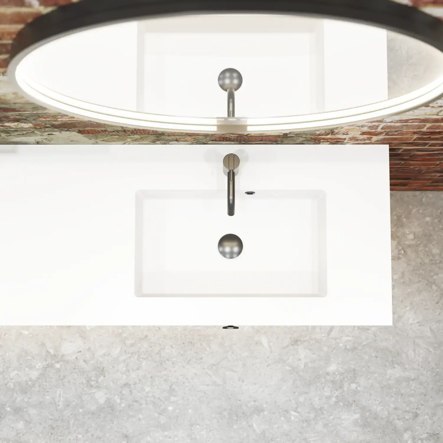 Moderne stoere badkamer in urban stijl. Mooie wastafelkasten en ronde spiegels met zwarte randen