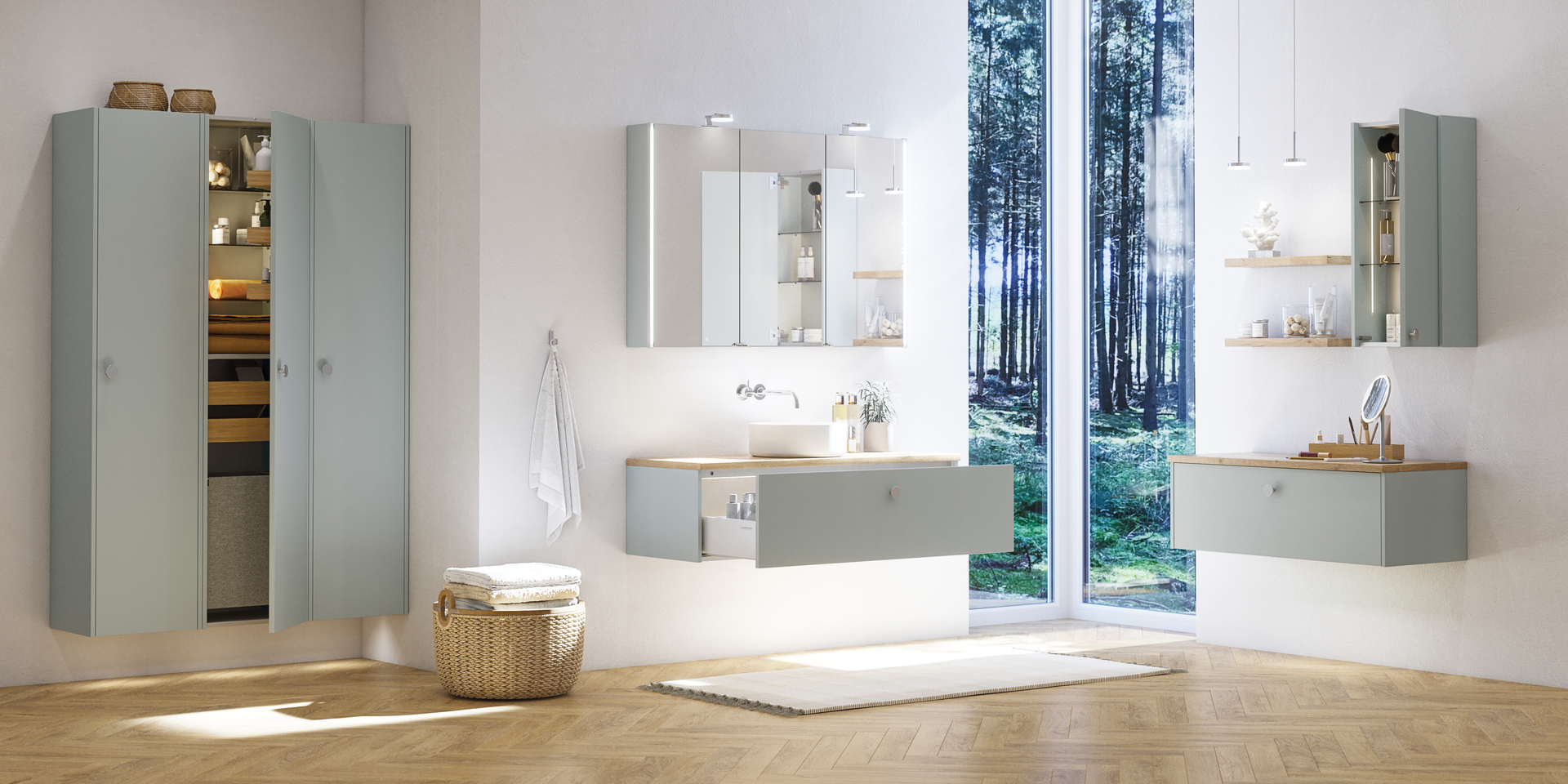 Grote badkamerinspiratie in Scandinavische stijl met badkamermeubels in lichtblauwe kleur en houten aanrechtblad met elegante opzetwastafel, visgraat houten vloer creëert een lichte en klassieke stijl
