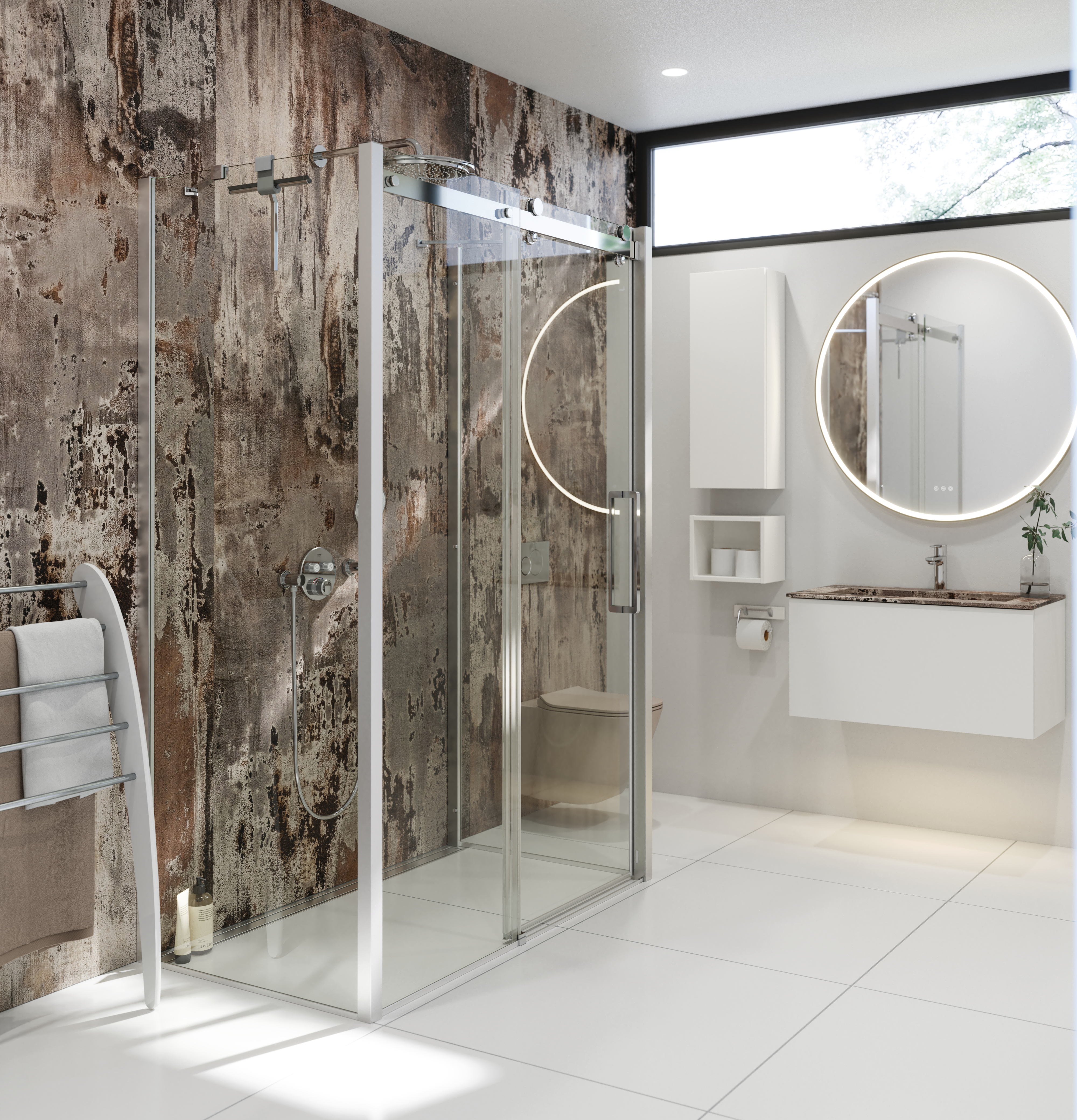 Badkamerinspiratie met luxe douchecabine met schuifdeur, witte badkamermeubels en een muur met ruwe look die de badkamer een rauw en stedelijk gevoel geeft