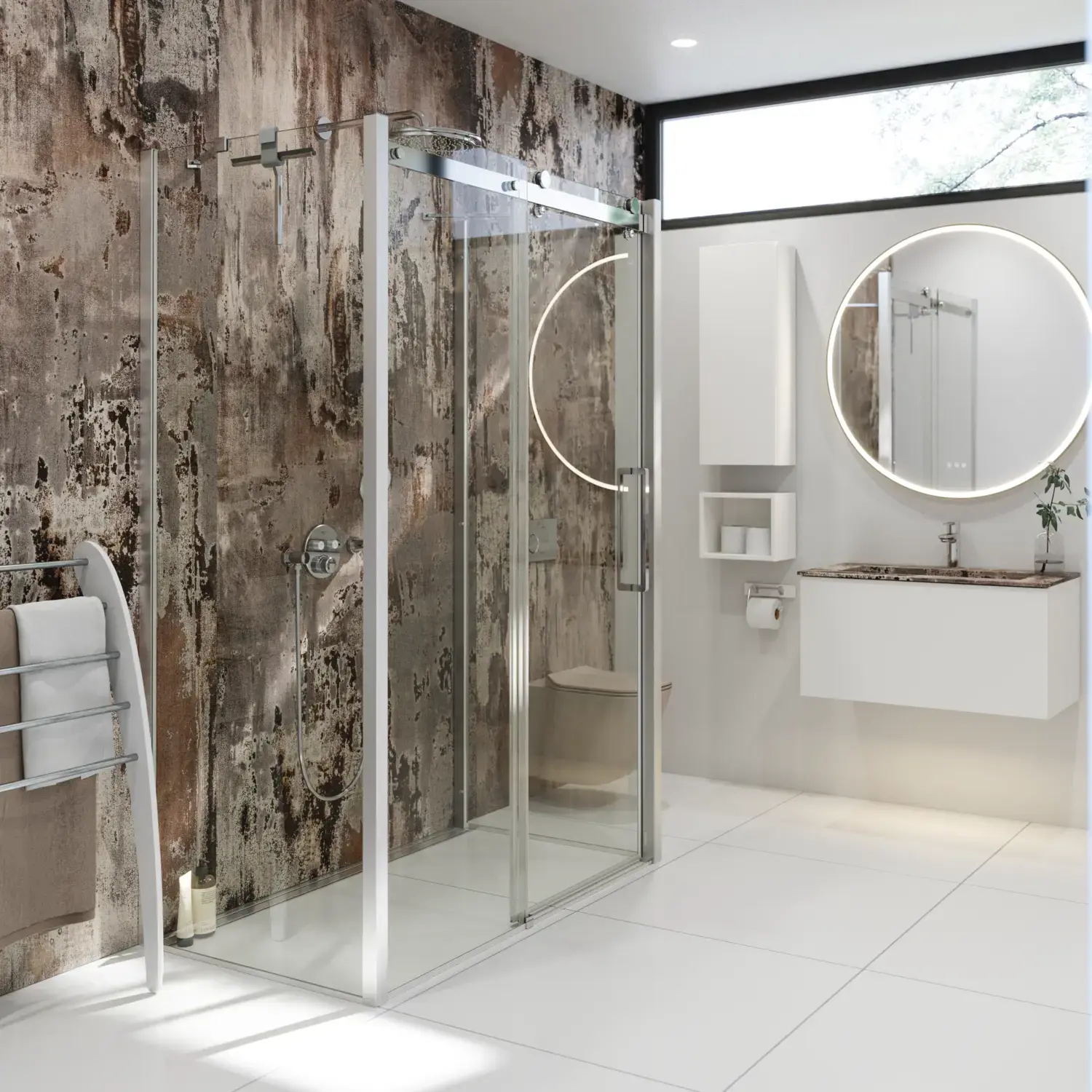 Badkamerinspiratie met luxe douchecabine met schuifdeur, witte badkamermeubels en een muur met ruwe look die de badkamer een rauw en stedelijk gevoel geeft