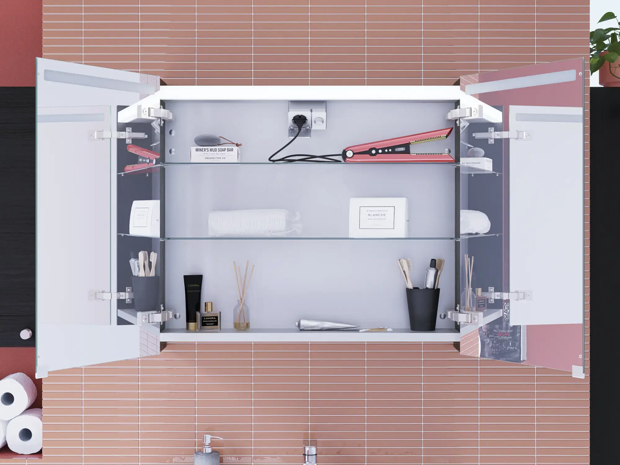 Grote badkamerinspiratie met badkamermeubels in Black Structure met een elegante spiegelkast met geïntegreerde verlichting en praktische en stijlvolle armaturen, evenals stopcontacten voor een exclusieve badkamerervaring.