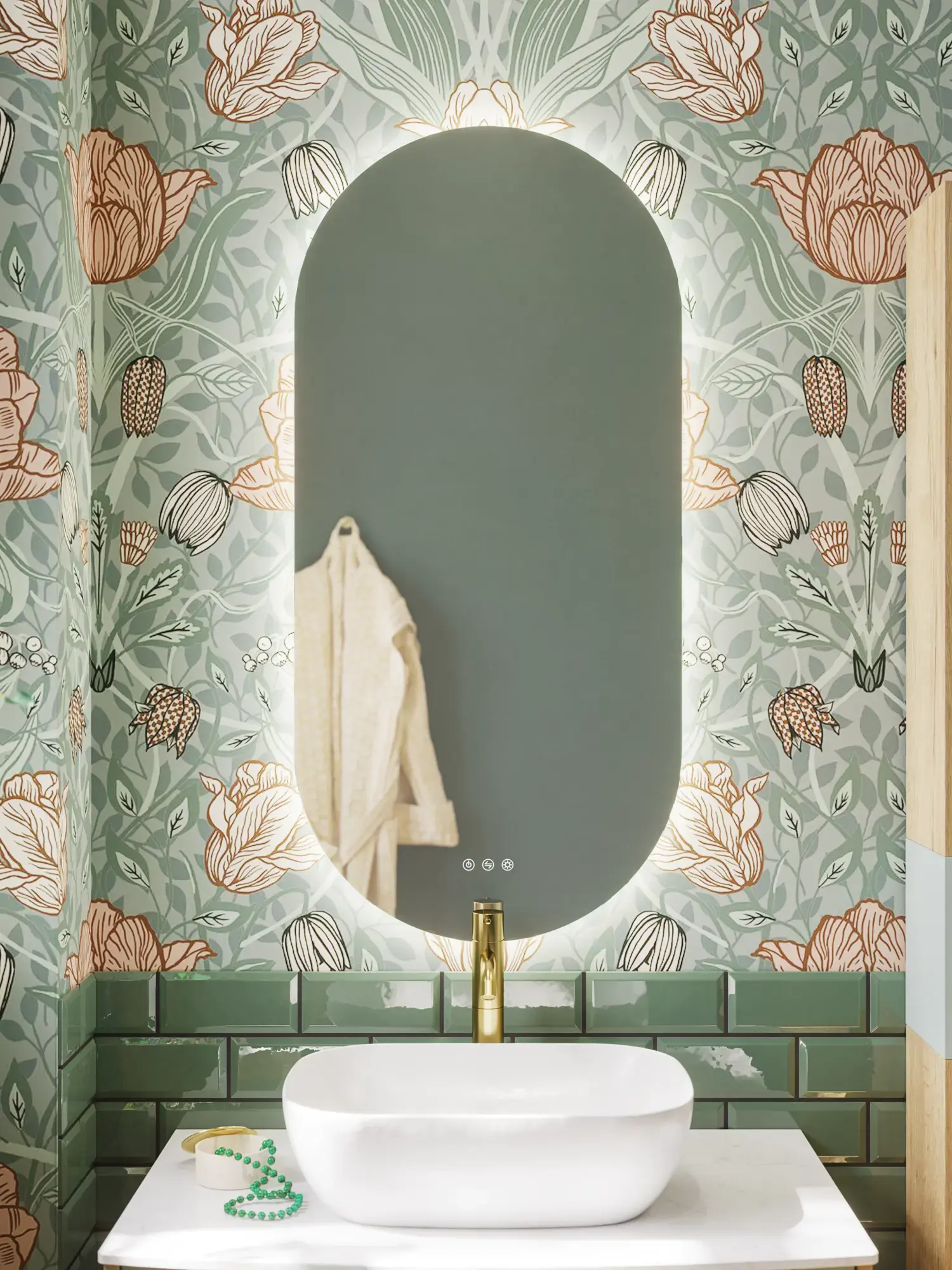 Badkamerinspiratie met groene meubels in speciale kleur met zijden van natuurlijk eikenhout, elegante groeven, werkblad met ovale opzetwastafel, ovale spiegel en bloemenbehang geeft een sierlijke, retro uitstraling.