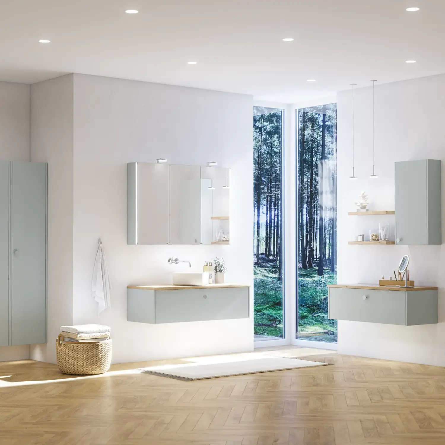 Grote badkamerinspiratie in Scandinavische stijl met badkamermeubels in lichtblauwe kleur en houten aanrechtblad met elegante opzetwastafel, visgraat houten vloer creëert een lichte en klassieke stijl