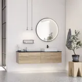 Grote stedelijke badkamerinspiratie met meubels van natuur eiken, stenen aanrechtblad met vierkante wastafel, ronde spiegel met zwarte rand, natuurlijke kleuren en terracotta vloer voor een industriële en moderne uitstraling