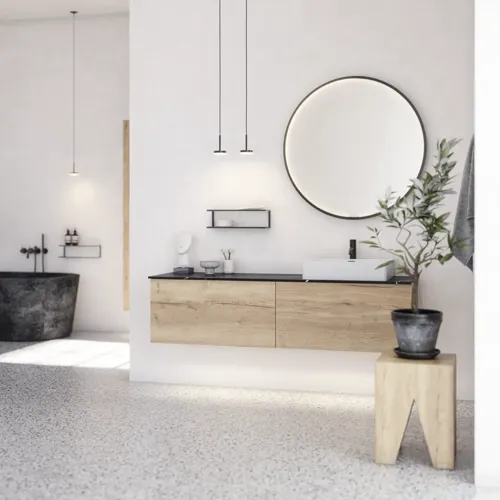 Grote stedelijke badkamerinspiratie met meubels van natuur eiken, stenen aanrechtblad met vierkante wastafel, ronde spiegel met zwarte rand, natuurlijke kleuren en terracotta vloer voor een industriële en moderne uitstraling