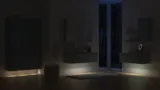 Grote badkamerinspiratie in Scandinavische stijl met badkamermeubels in lichtblauwe kleur en houten aanrechtblad met elegante opzetwastafel, visgraat houten vloer creëert een lichte en klassieke stijl