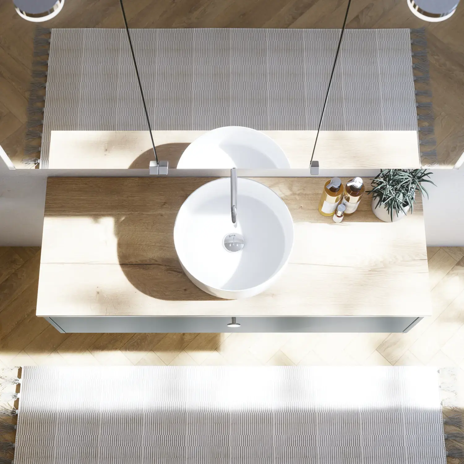 Grote badkamerinspiratie in Scandinavische stijl met badkamermeubels in lichtblauwe kleur en houten aanrechtblad met elegante opzetwastafel, visgraat houten vloer creëert een lichte en klassieke stijl