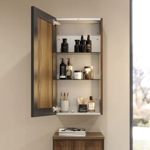 Inspiratie voor een grote badkamer met meubels van bruin eikenhout, zwarte framefronten, dubbele wastafel, zwarte plank, afgeronde spiegels, zwarte hoekdouche met vouwdeuren, witte tegels en beige muren