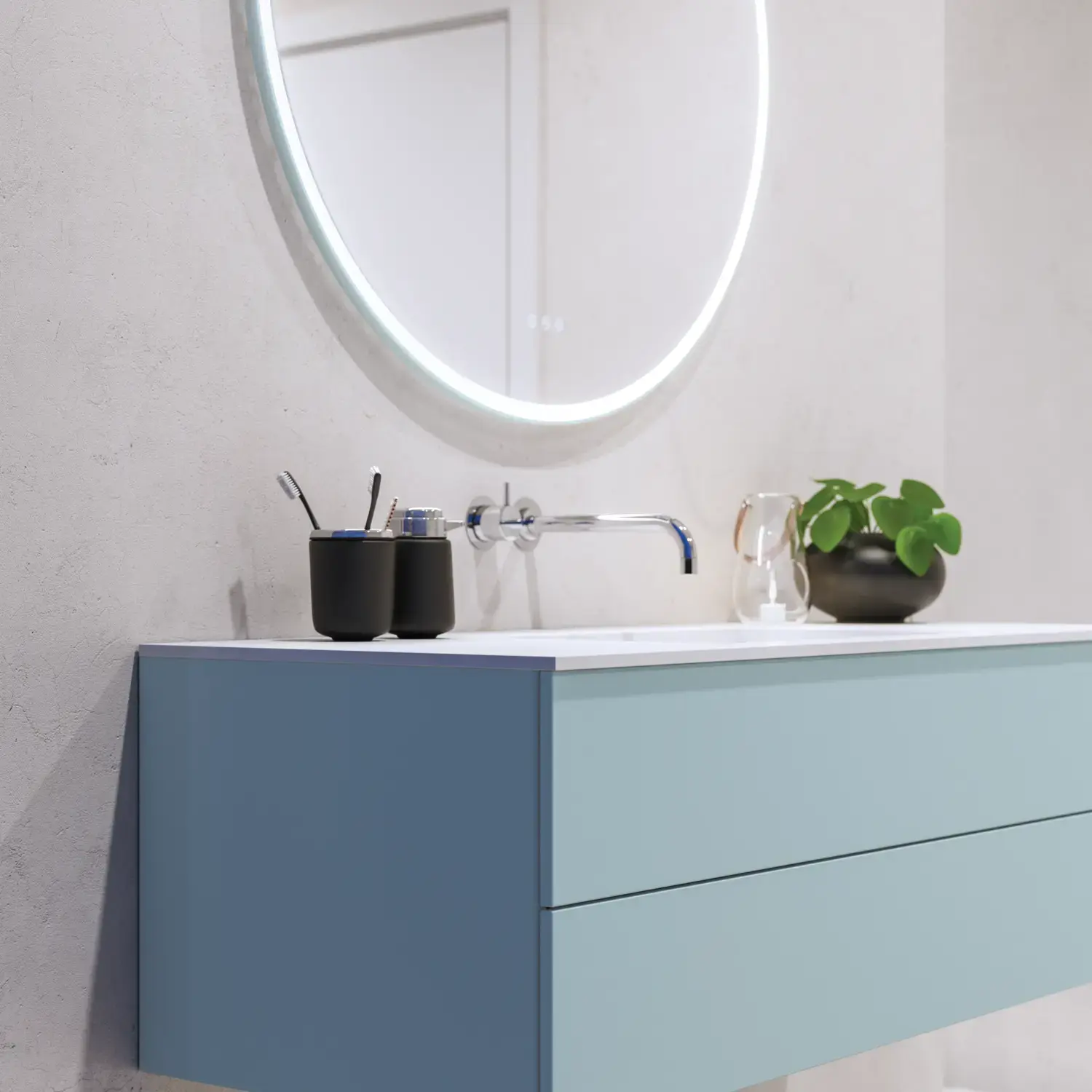 Grote moderne badkamer met badkamermeubel in lichte, blauwe kleuren in een Scandinavische stijl