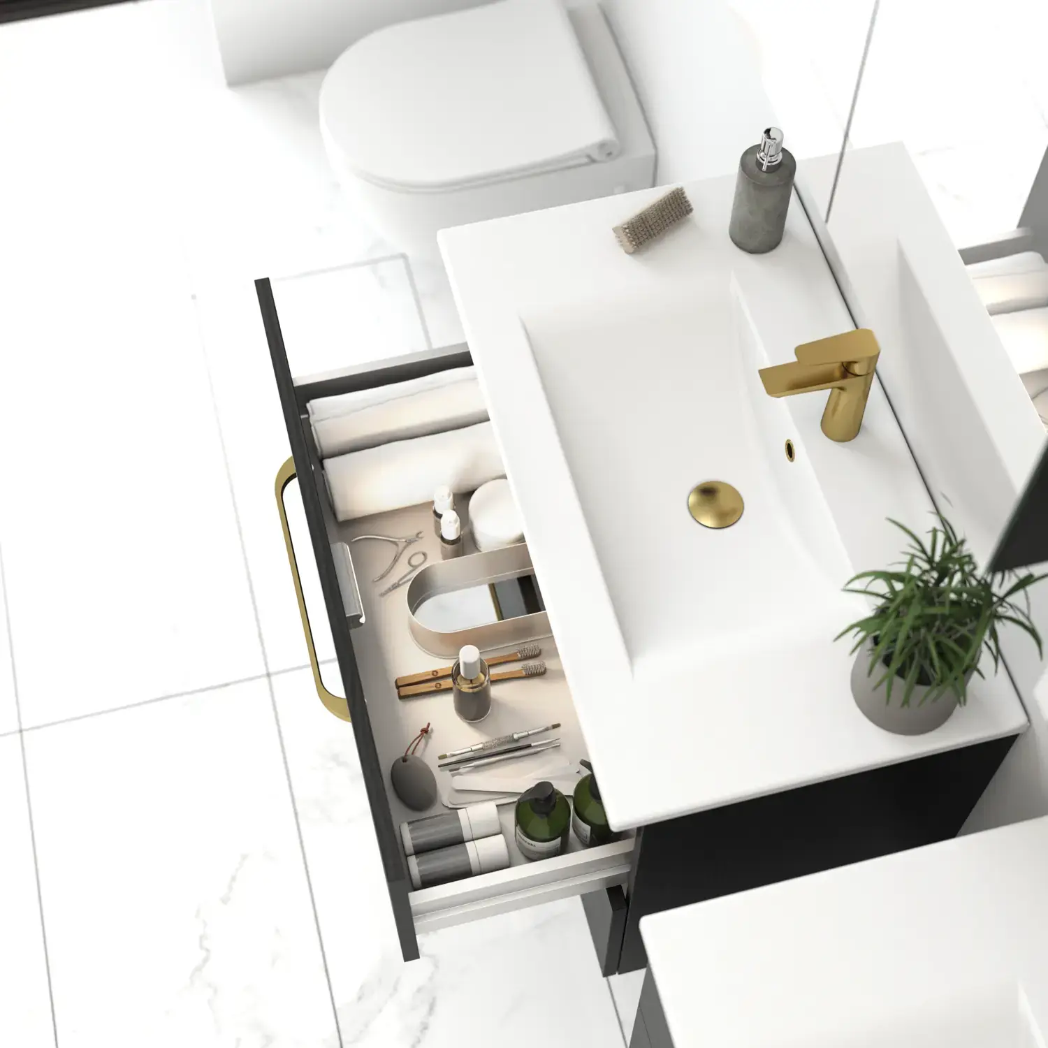 Badkamerinspiratie met elegante wastafel en strakke ladekast met decor, grote witte tegels voor een heldere en minimalistische look.