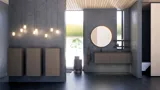 Moderne badkamer met grijze muren, houten plafond en ronde spiegel. Minimalistisch ontwerp met stijlvolle opbergkasten.