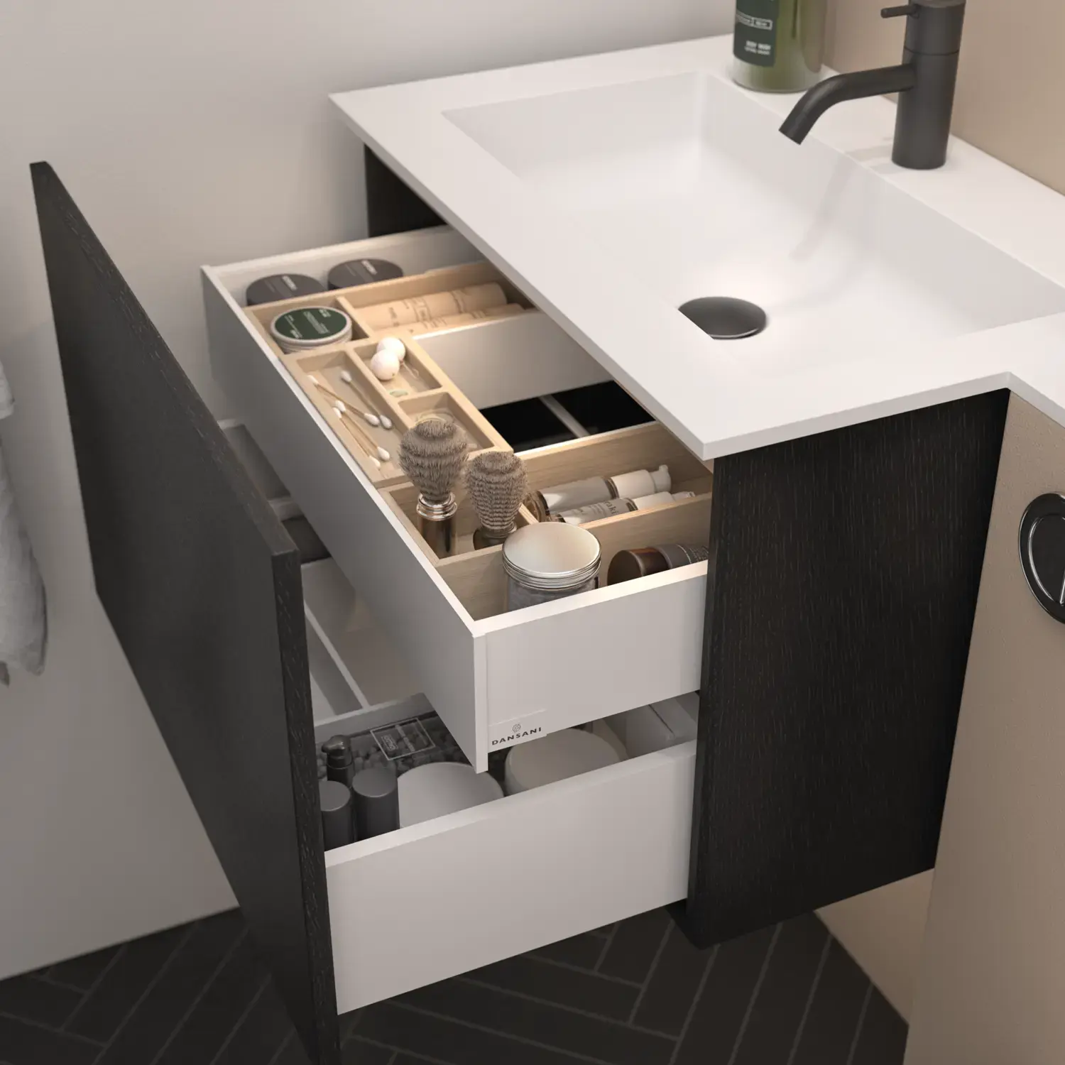 Elegant wastafelmeubel met praktische binnenlade en elegante lade-indelingen met stijlvolle houten bakjes.