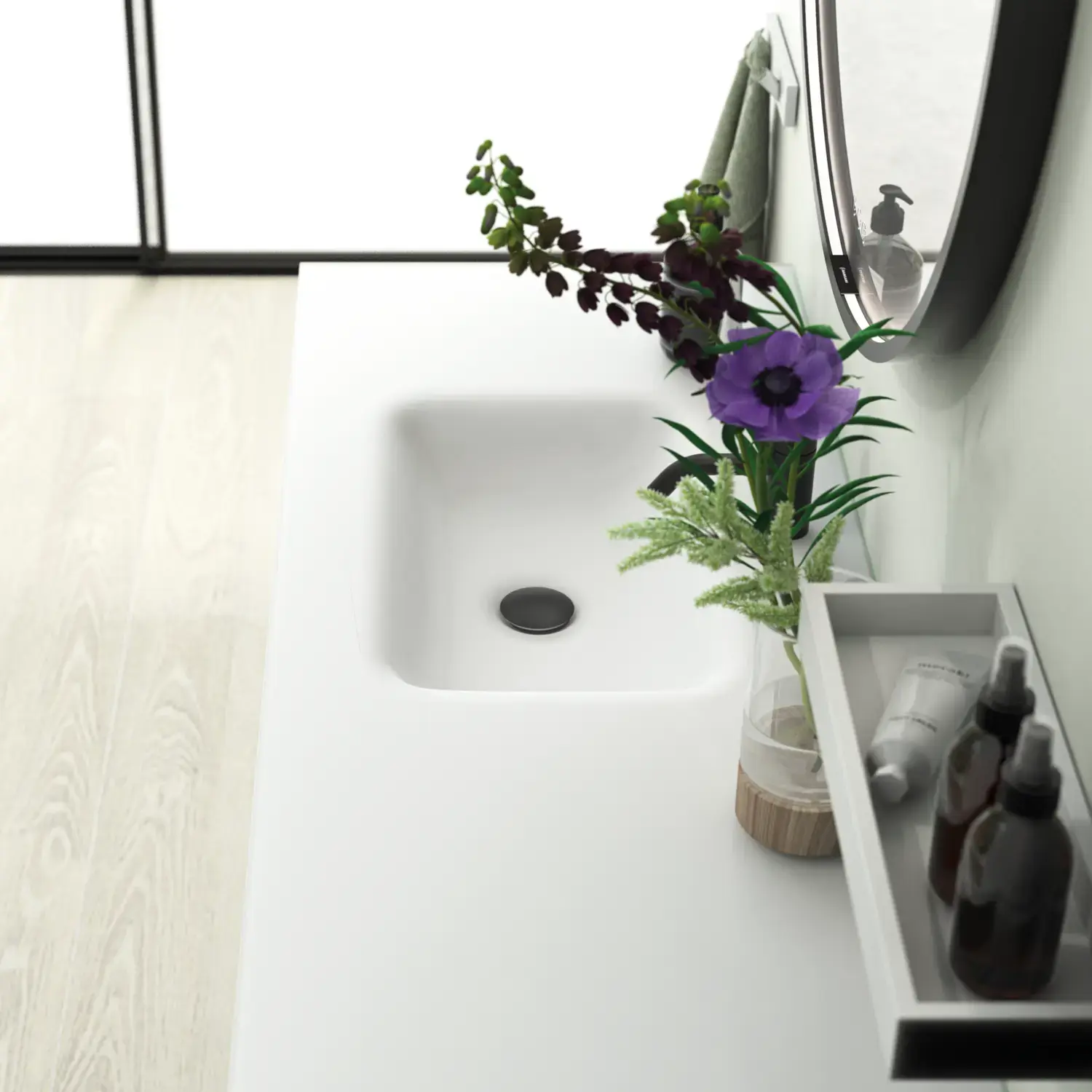 Grote en lichte badkamer in minimalistische stijl met zachte pasteltinten en elegante groene tinten, stijlvolle ronde spiegel en moderne inrichting.