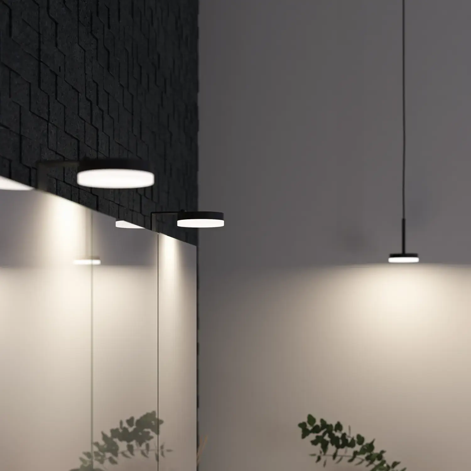 Badkamerinspiratie met moderne zwarte lampen, die de minimalistische en elegante stijl van de badkamer benadrukken met gedimd licht.