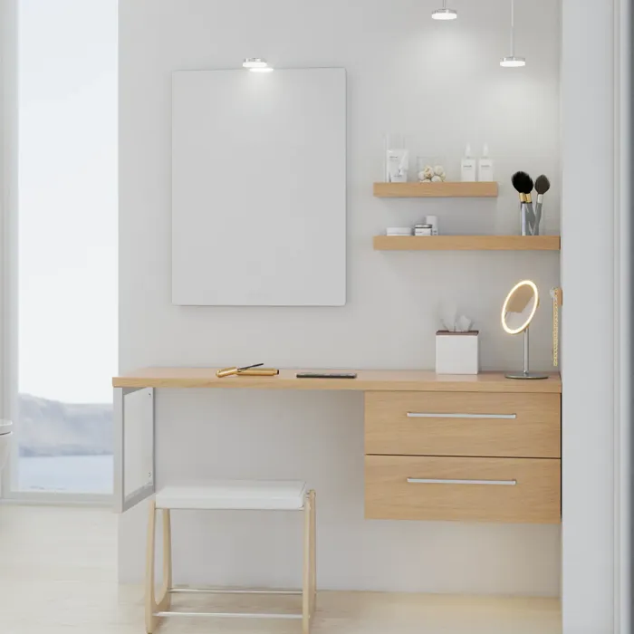 Moderne make-uptafel in Noordse stijl met licht hout, elegante verlichting, vierkante spiegel en opbergplanken die een stijlvolle en functionele ruimte creëren.