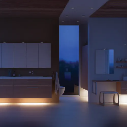 Moderne badkamer in Noordse stijl met licht hout, elegante verlichting, spiegelkastmuur en stijlvolle inrichting die een warme en uitnodigende sfeer creëert.