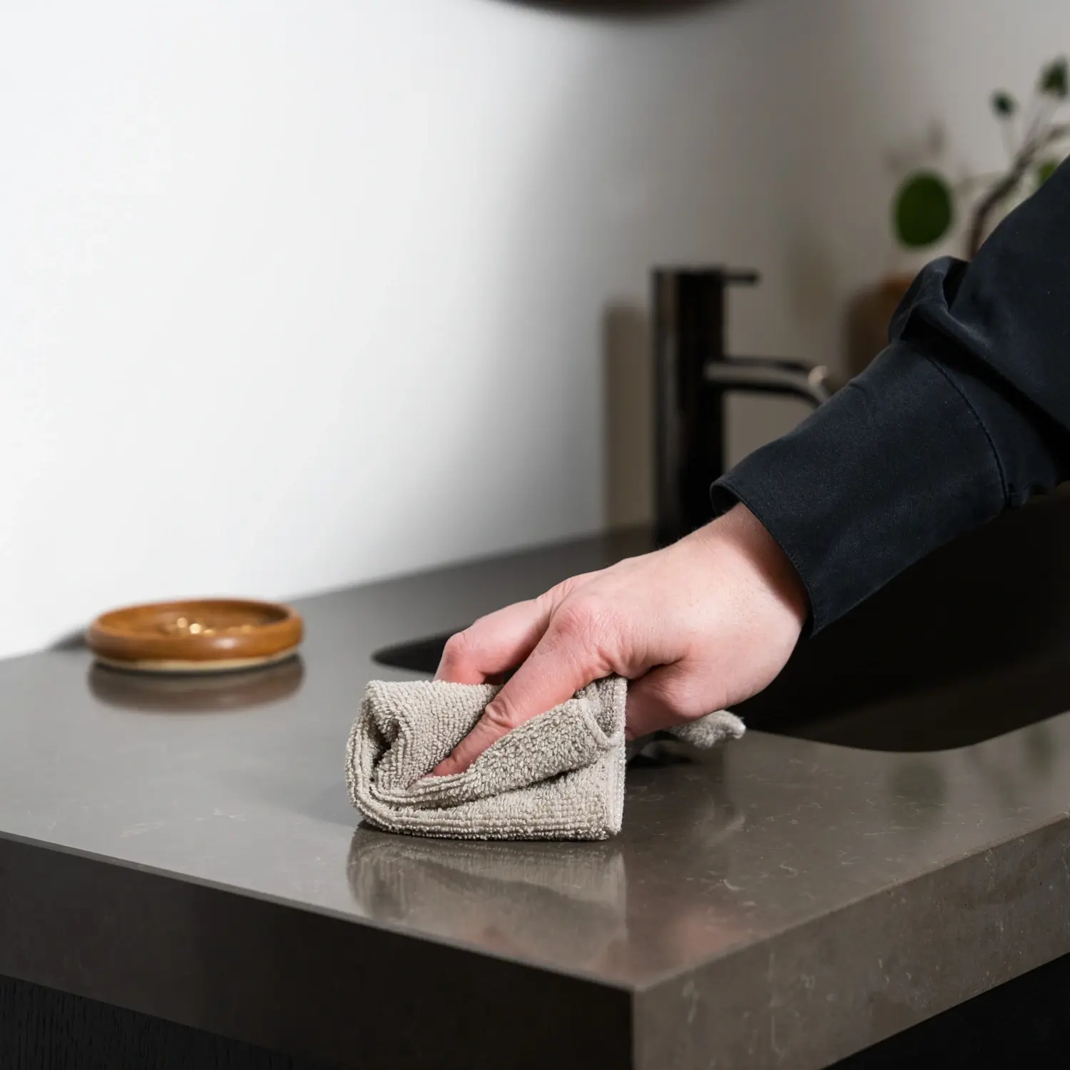Reiniging en onderhoud van badkamermeubels: Een persoon veegt voorzichtig een donker badkamerblad schoon met een beige microvezeldoek om vuil en waterspatten te verwijderen.