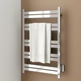 Badkamerinspiratie met een elektrische handdoekverwarmer die de badkamer een elegant tintje geeft, praktisch is en handdoeken warm en aangenaam houdt.