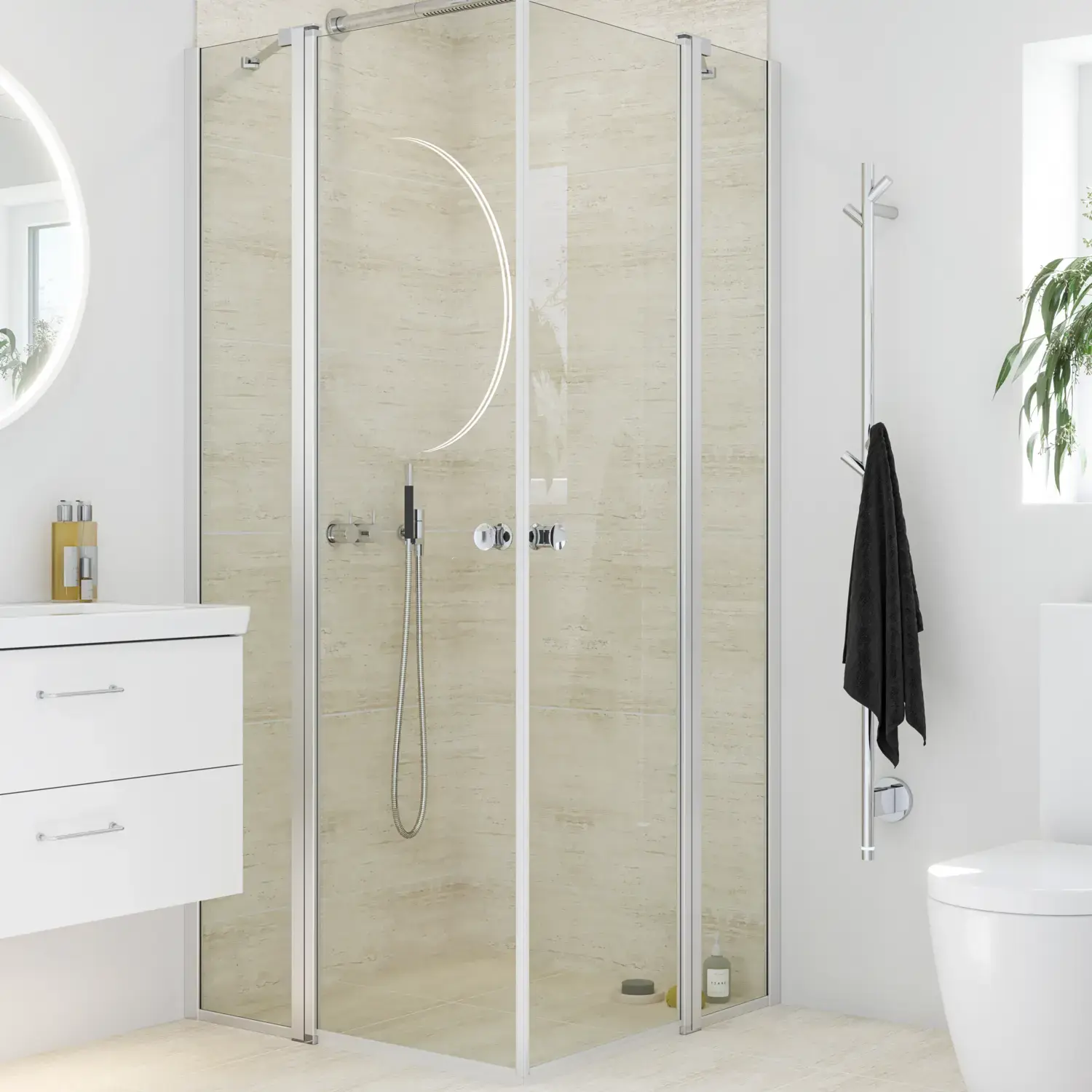 Badkamerinspiratie met wit badkamermeubel en douchescherm met vaste douchewanden met klapdeuren in helder glas en profielen in satijn, elegante elektrische handdoekdroger, die met witte wanden en lichte vloeren een lichte en moderne uitstraling geeft.