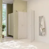 Grote badkamerinspiratie met groen badkamermeubel, vierkante spiegel en douchewand met draaideuren met helder glas en profielen in satijn, evenals een elegant elektrisch verwarmd handdoekenrek.