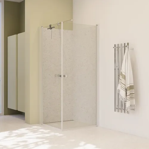Grote badkamerinspiratie met groen badkamermeubel, vierkante spiegel en douchewand met draaideuren met helder glas en profielen in satijn, evenals een elegant elektrisch verwarmd handdoekenrek.