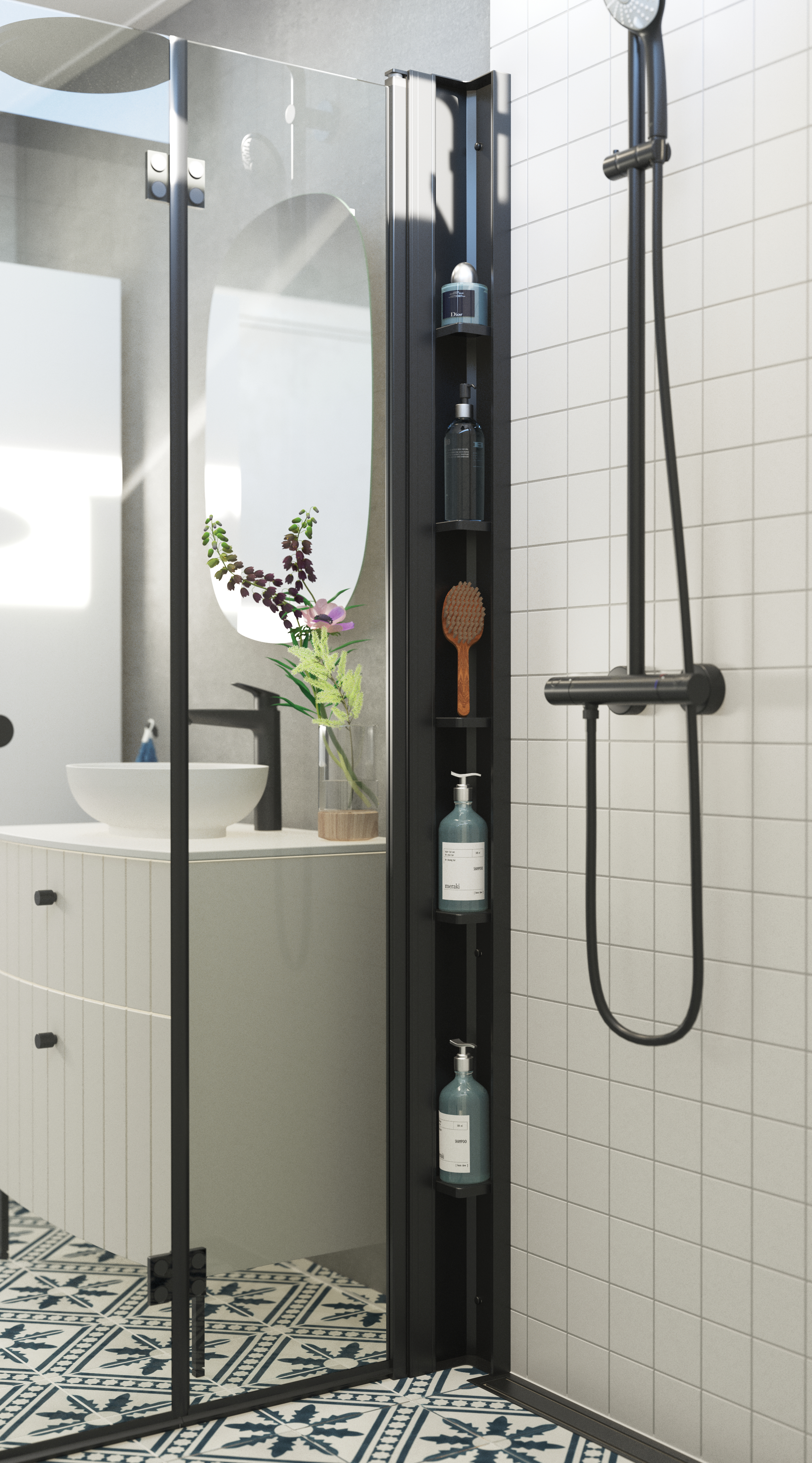 Badkamerinspiratie met wit badkamermeubel, stijlvol tafelblad en tafelstaande wastafel met prachtige ovale spiegel, vouwdeuren in helder glas en zwart mat en een praktisch en elegant doucheplan dat een vrouwelijke uitstraling geeft.