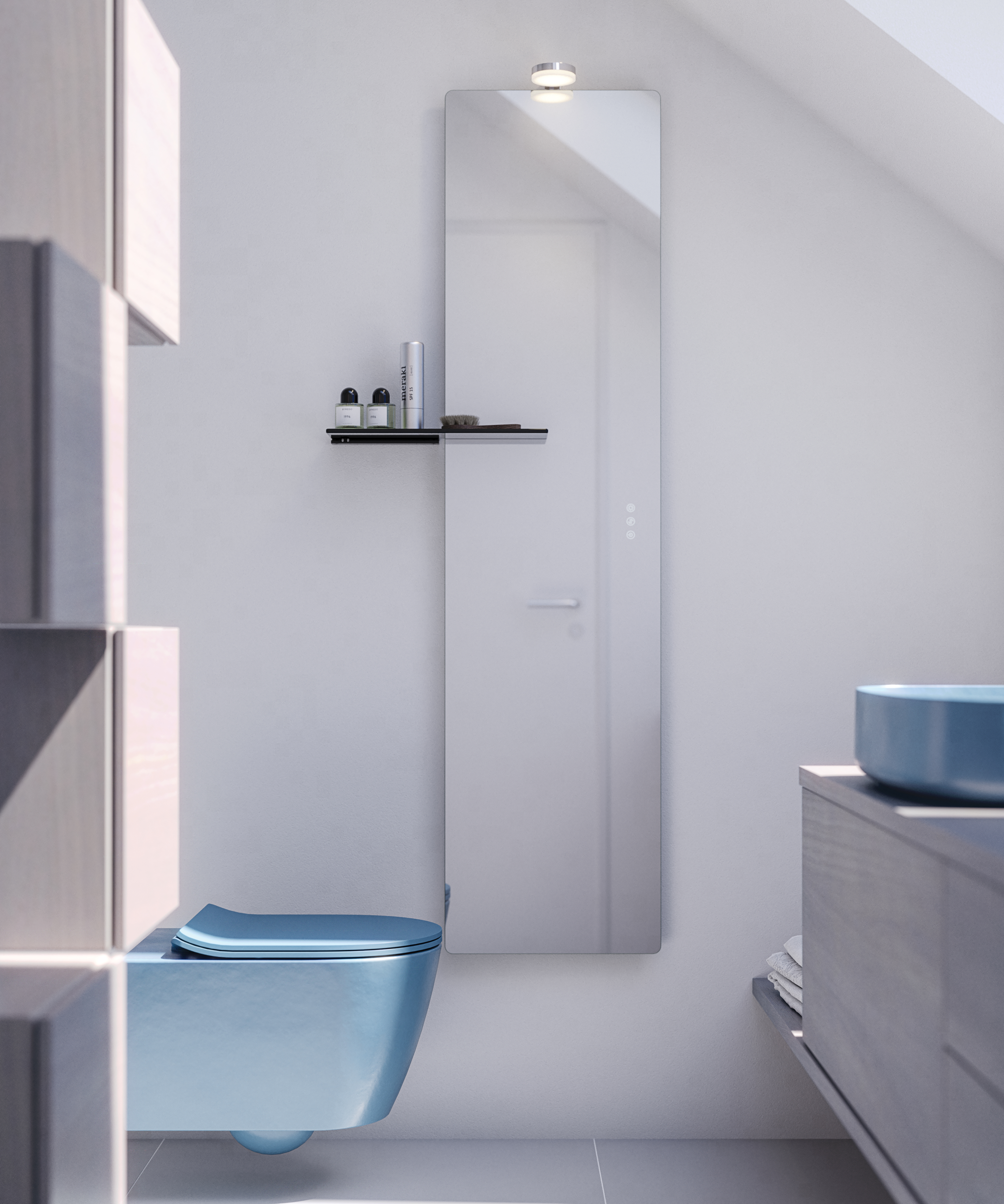 Kleine badkamerinspiratie met op maat gemaakt werkblad, elegante blauwe vrijstaande wastafel en vierkante figuurspiegel die een lichte en moderne ruimte creëren.