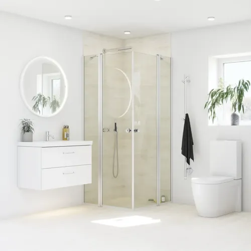Badkamerinspiratie met wit badkamermeubel en douchescherm met vaste douchewanden met klapdeuren in helder glas en profielen in satijn, elegante elektrische handdoekdroger, die met witte wanden en lichte vloeren een lichte en moderne uitstraling geeft.