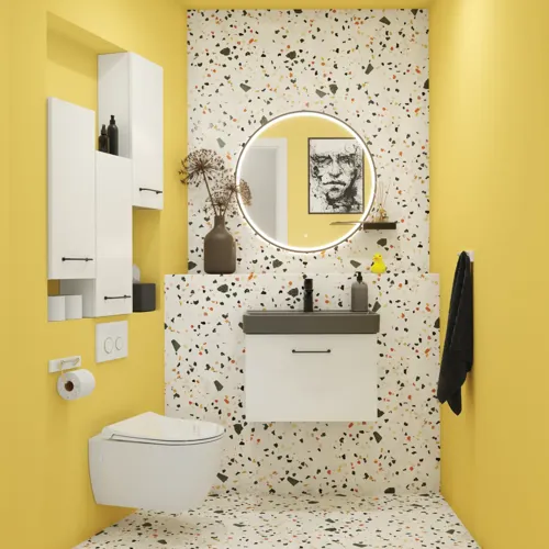 Kleine badkamerinspiratie met een wit wastafelkastje met zwarte greep en zwarte elegante wastafel, mooie ronde spiegel met zwarte rand, verschoven wandkasten en een terrazzo wand en vloer en gele muren geven een gedurfde en moderne uitstraling.