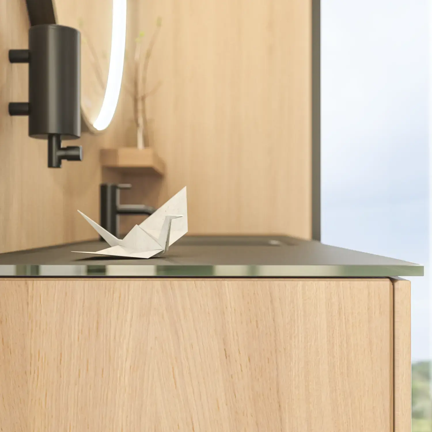 Stijlvolle badkamer in Scandinavische en Japandi stijl met lichte houten muren, ronde spiegel en minimalistische badkamermeubels.