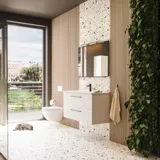 Grote badkamerinspiratie met badkamermeubels in mat wit met elegante wastafel en vierkante spiegel met zwarte rand en lamp, terrazzowand en -vloer en planten aan de muur voor een moderne en verfijnde look.