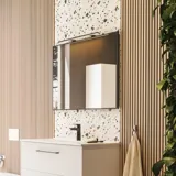 Grote badkamerinspiratie met badkamermeubels in mat wit met elegante wastafel en vierkante spiegel met zwarte rand en lamp, terrazzowand en -vloer en planten aan de muur voor een moderne en verfijnde look.