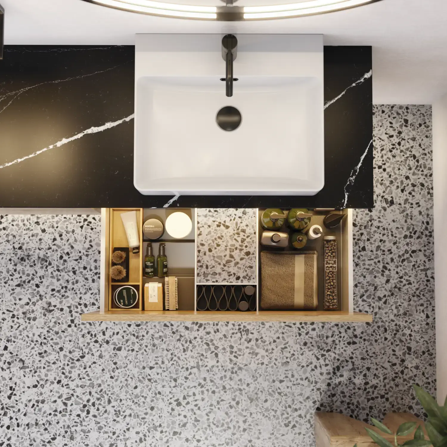 Grote stedelijke badkamerinspiratie met meubels van natuur eiken, stenen aanrechtblad met vierkante wastafel, ronde spiegel met zwarte rand, natuurlijke kleuren en terracotta vloer voor een industriële en moderne uitstraling