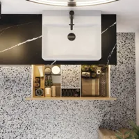 Grote stedelijke badkamerinspiratie met meubels van natuur eiken, stenen aanrechtblad met vierkante wastafel, ronde spiegel met zwarte rand, natuurlijke kleuren en terracotta vloer voor een industriële en moderne uitstraling