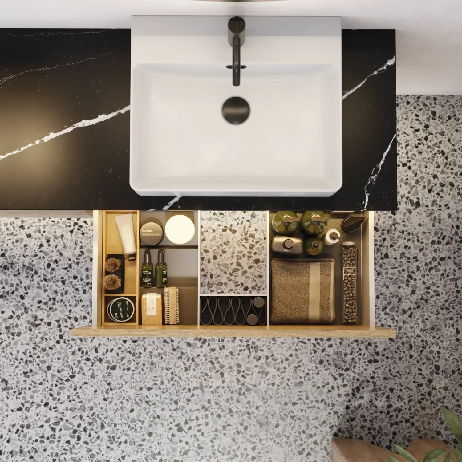 Grote stedelijke badkamerinspiratie met meubels van natuur eiken, stenen aanrechtblad met vierkante wastafel, ronde spiegel met zwarte rand, natuurlijke kleuren en terracotta vloer voor een industriële en moderne uitstraling