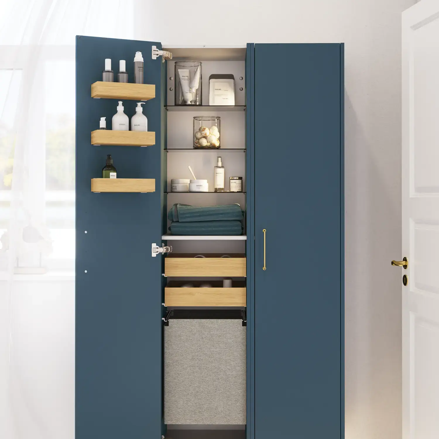 Badkamerinspiratie met badkamermeubels in moderne blauwe kleur, elegante opzetwastafel en grote vierkante spiegel met verlichting, witte visgraattegels zorgen voor een stijlvolle en klassieke uitstraling