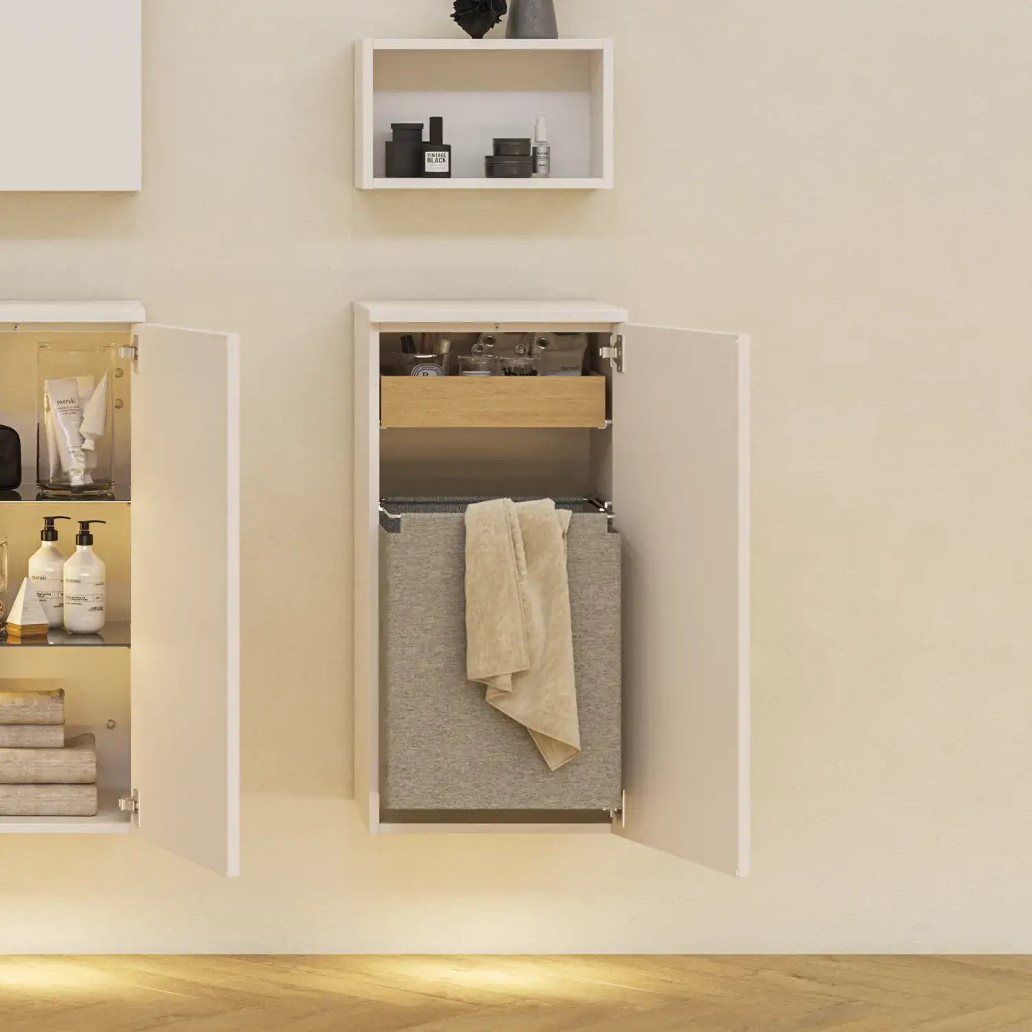 Badkamerinspiratie met bovenkasten en onderkasten, met praktische en stijlvolle inrichting, die de opslag optimaal en esthetisch maken