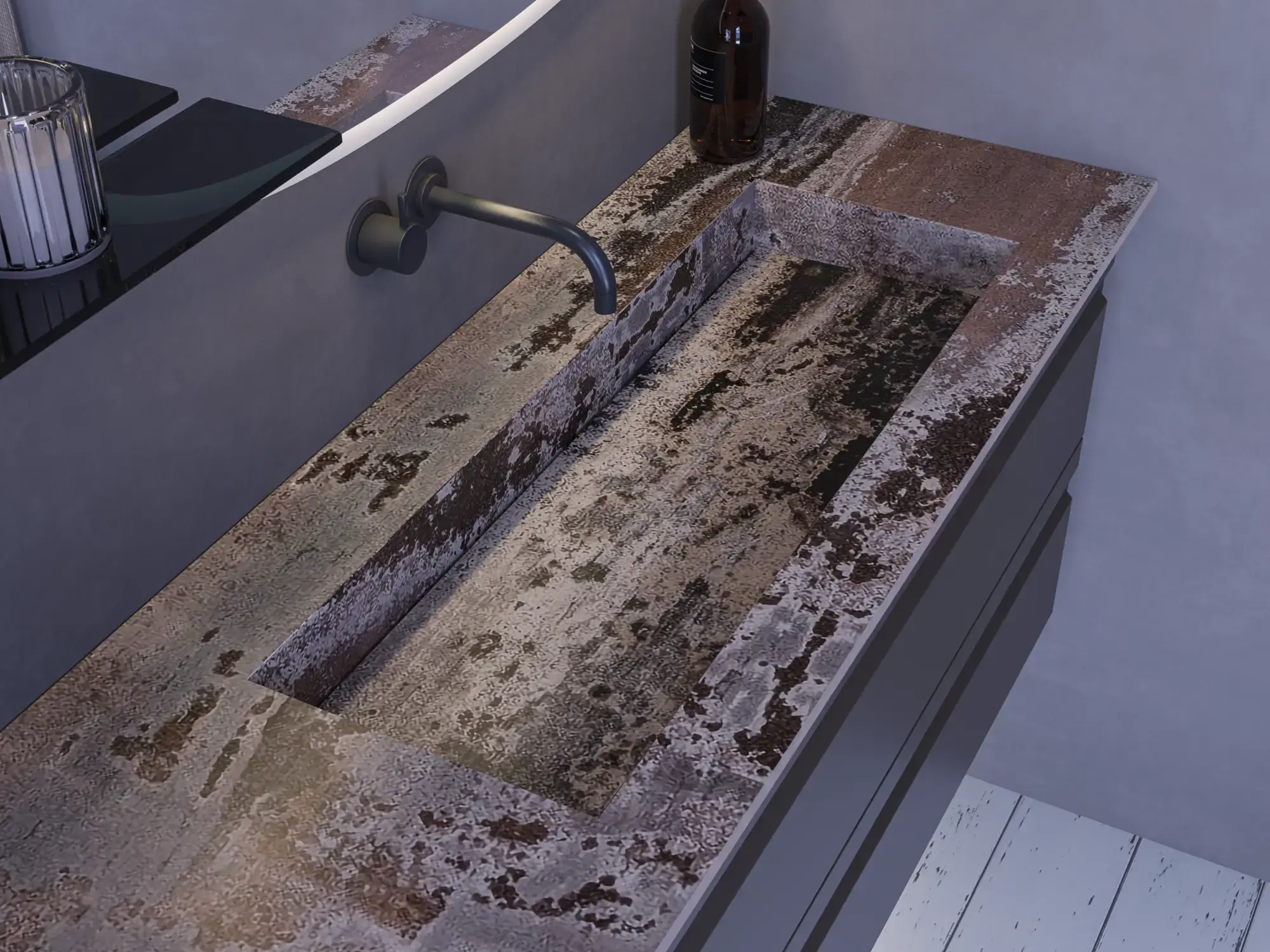 Grote badkamerinspiratie met grijs badmeubel met geïntegreerde handgreep, stijlvolle wastafel aan de zijkant, vierkante spiegel met afgeronde hoeken, betonlook muren en ruwe materialen voor een urban look