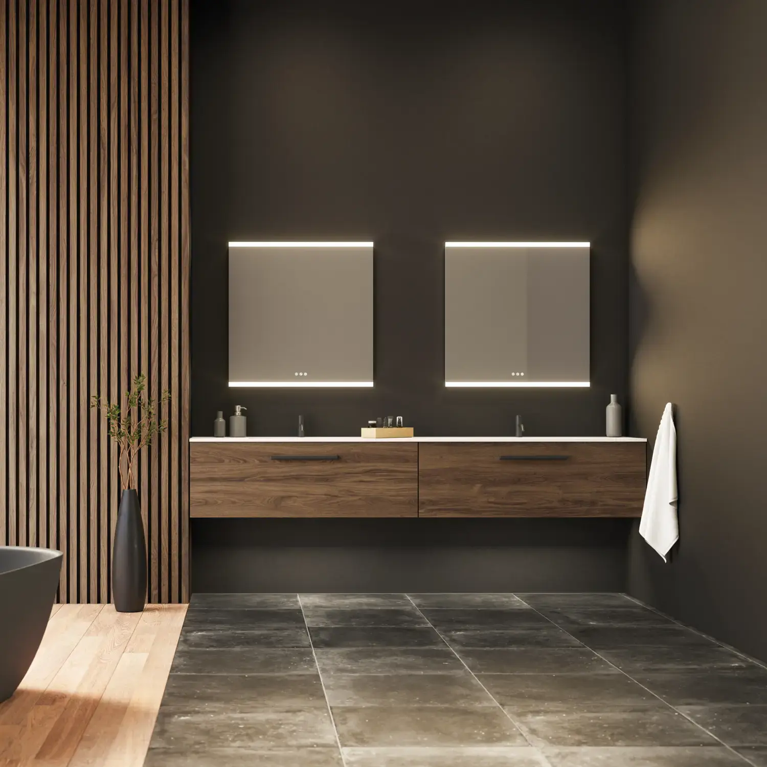 Grote badkamerinspiratie met wastafelmeubels en bruine eikenhouten lamellen, vrijstaand bad, en vierkante spiegels met licht, elegante dubbele wastafel geeft een modern en symmetrisch uiterlijk