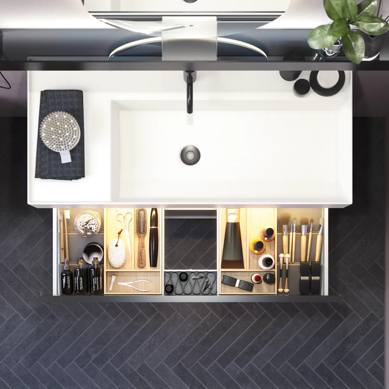 Badkamer met schuine muren, geïnspireerd door paarse badkamermeubels met elegante framefronten, mooie ovale spiegel met lamp, stijlvolle en praktische plank, paarse muur en grijze visgraatvloer, die een elegante en moderne uitstraling geven.