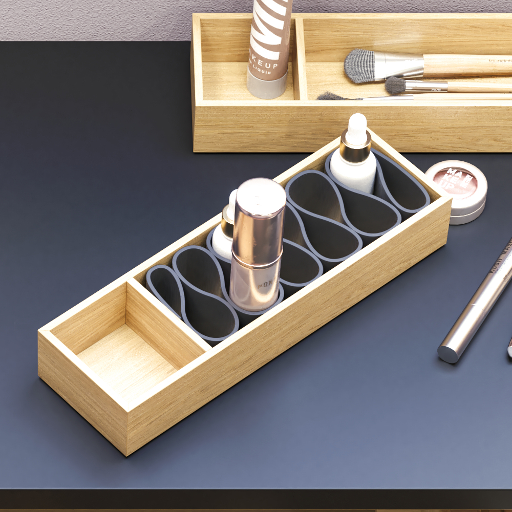 Grote stedelijke badkamerinspiratie met meubels van natuur eiken, stenen aanrechtblad met vierkante wastafel, ronde spiegel met zwarte rand, natuurlijke kleuren en terracotta vloer voor een industriële en moderne uitstraling