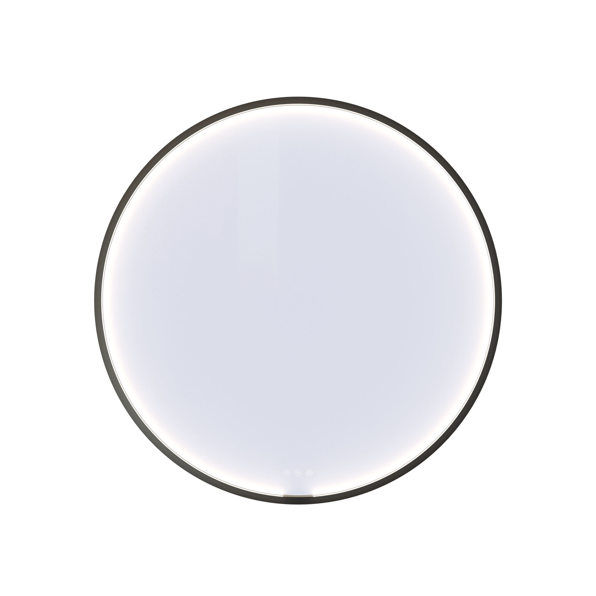 Stijlvolle en ruime badkamer inspiratie met grote ronde spiegel met zwarte lijst, donkere stenen wastafel, gekleurd toilet, bovenkast en open plank in een verfijnd en ingetogen ontwerp