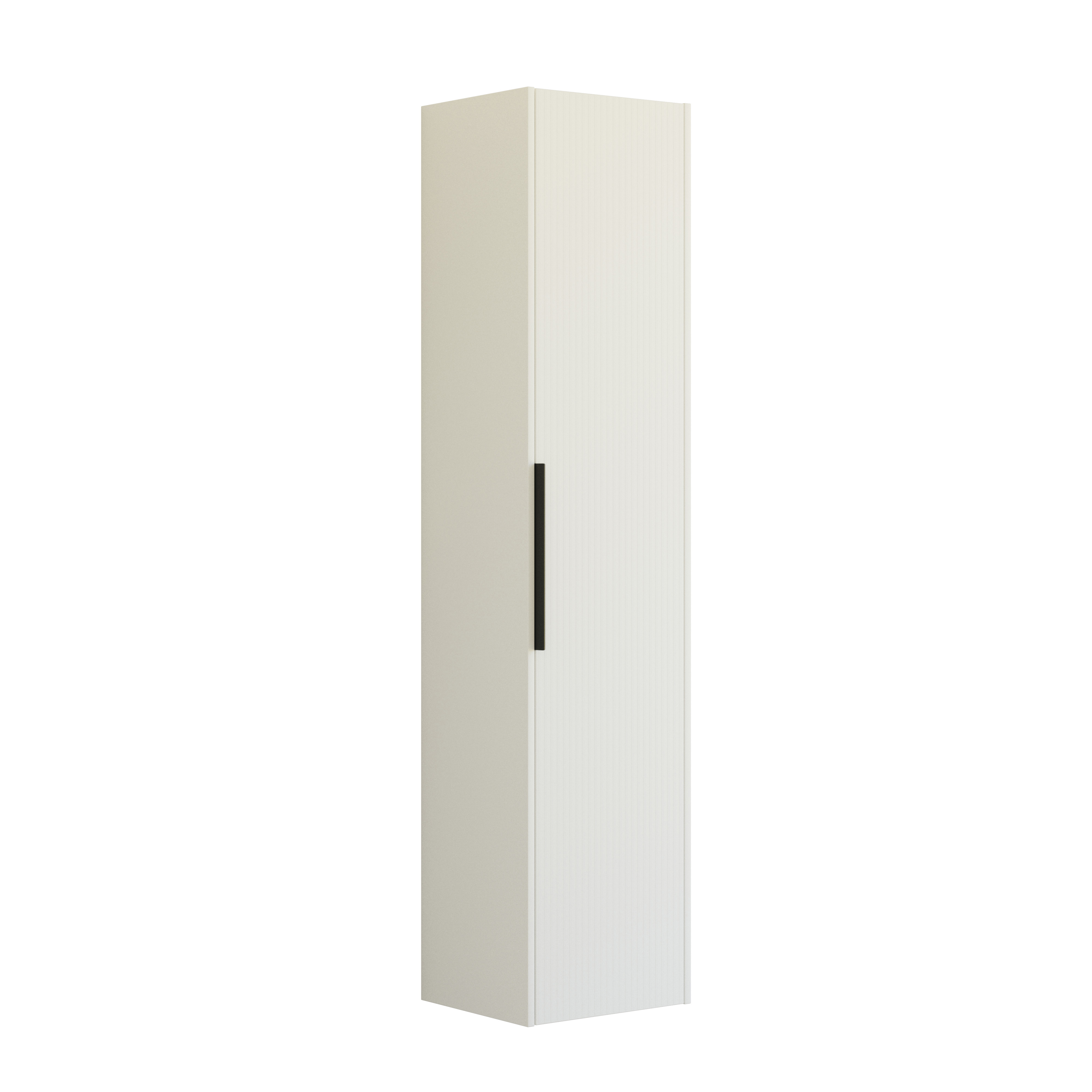 Badkamerinspiratie met marmeren vloeren en muren, elegant wit badmeubel en hoge kast met mooie smalle strepen en minimalistische zwarte langwerpige handgrepen, en moderne vierkante spiegel met verlichting.